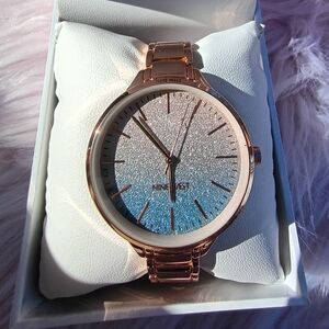 NEW BATTERY! Nine West Shimmery Blue Ombre Rose Gold Bracelet Watch